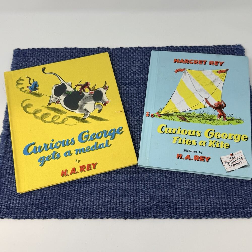 Lot of 2 Curious George Books Flies a Kite & Gets a Medal H.A. Rey Mixed Formats